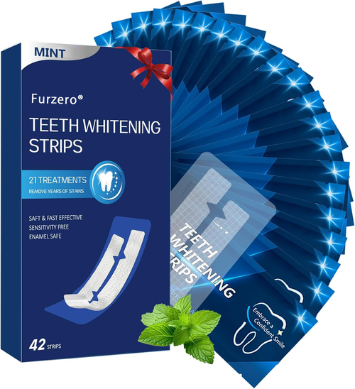 Furzero® Teeth Whitening Strips for Sensitive, 42 Strips Whitener Safe Whitestrip, Deep Stains Removal Tooth Whitening, Enamel Safe Non-Slip Dry Strip Technology for Whiter Teeth, Mint
